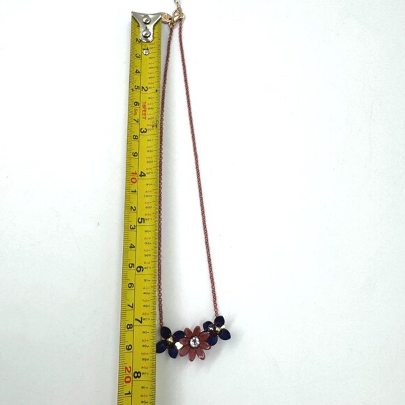 Vintage Red & Blue Floral Necklace With Rhinestone Centerpiece & Pink 14" Chain - Picture 6 of 9